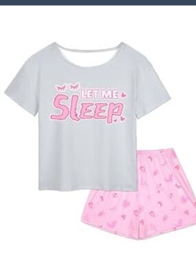 Amazon Girls' Gray & Pink "Let Me Sleep" Short Sleeve Pajama Set